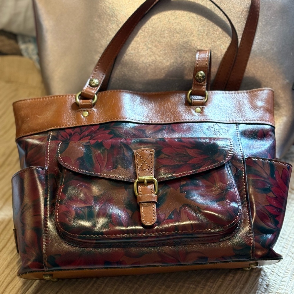 Patricia Nash leather tote with hand painted floral design.
